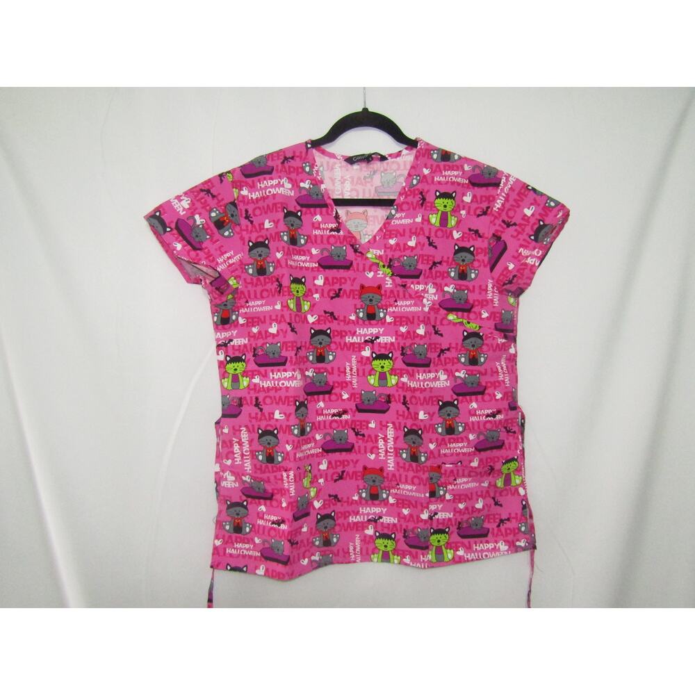 Cassandra O Scrub Top Women's Small Pink Halloween Cats Frankenstein Dracula‎